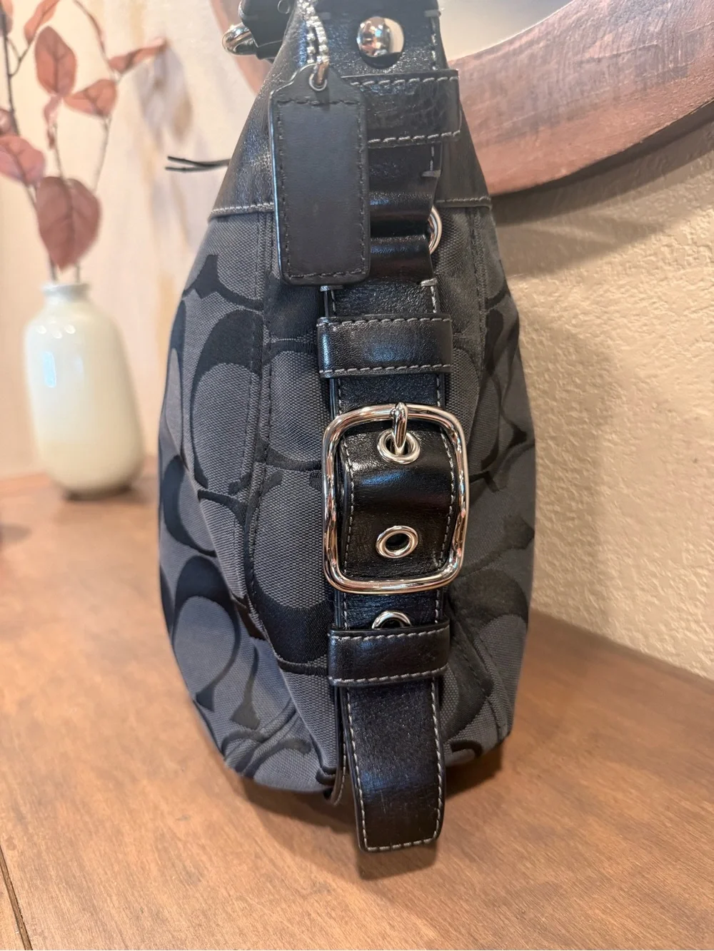 Coach Signature Logo Large Shoulder Bag in Black with large silver buckle detai